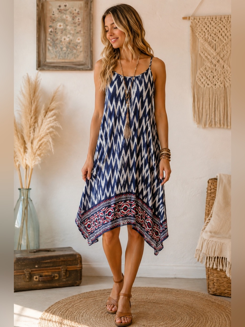 Speed Control Navy Blue and White Ikat Handkerchief Hem Sundress